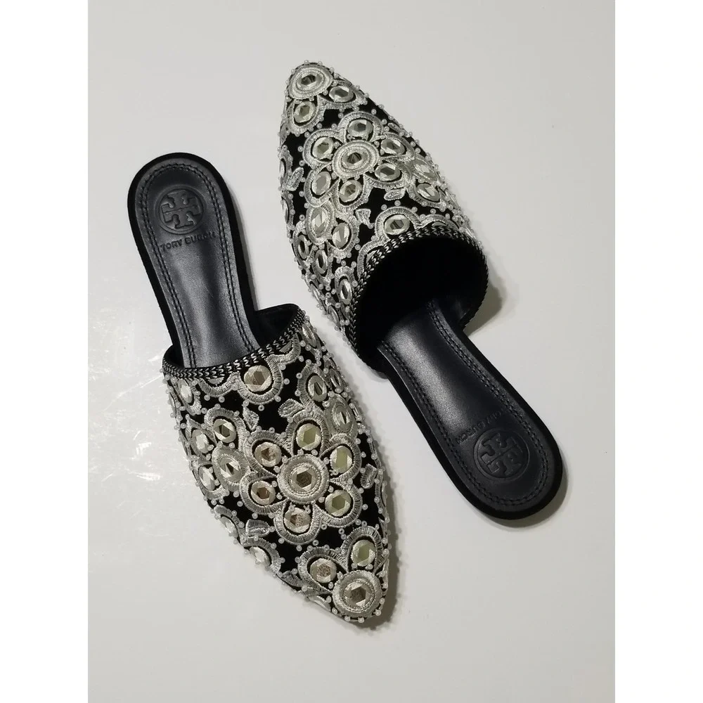 Tory Burch Elora Slide Black Suede Mirror Embroidery Flat Mule Slipper 6 $378